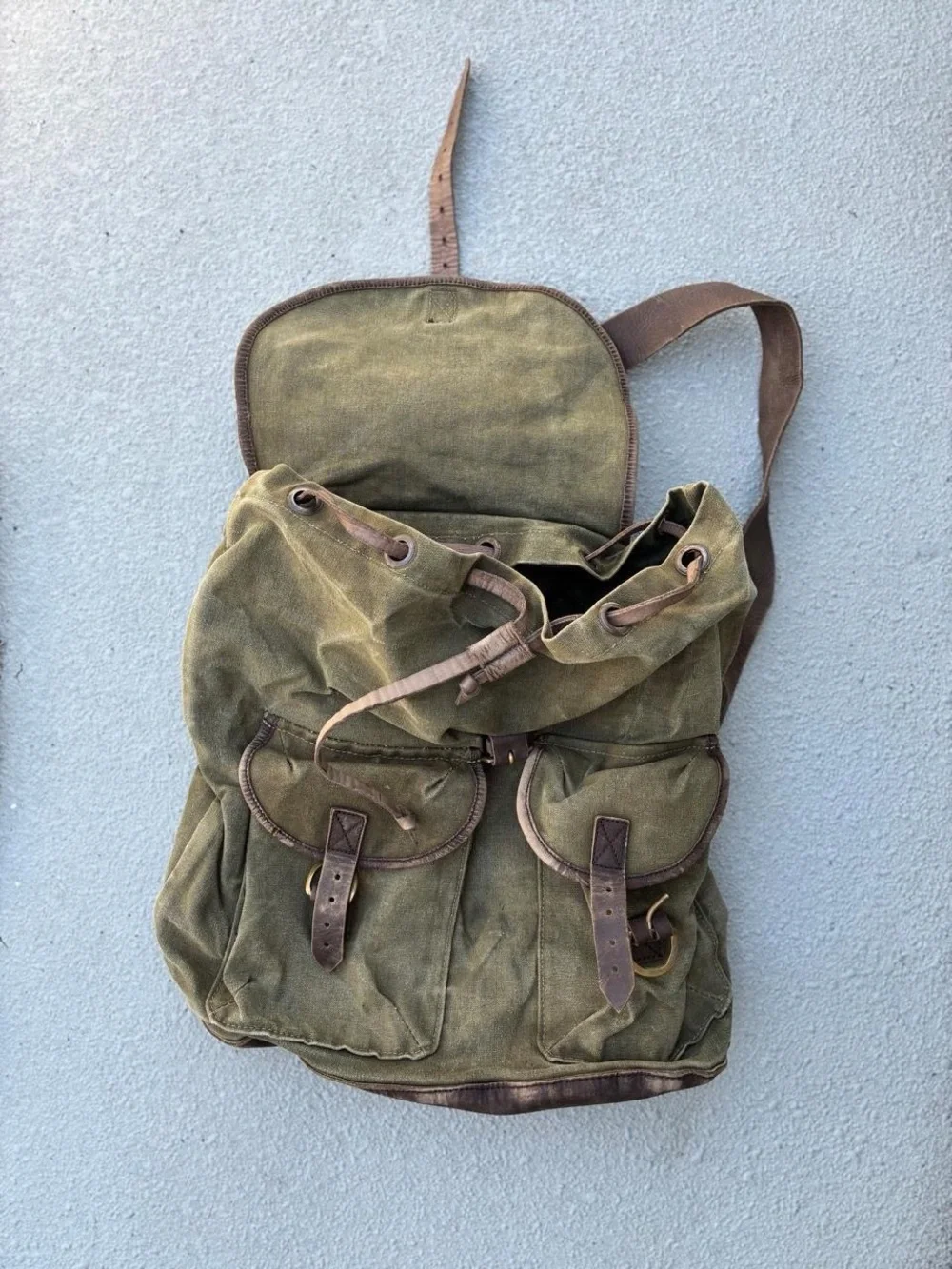 Artisan-Made Canvas & Leather Rucksack backpack by Meyelo- size-  15.5” × 14”